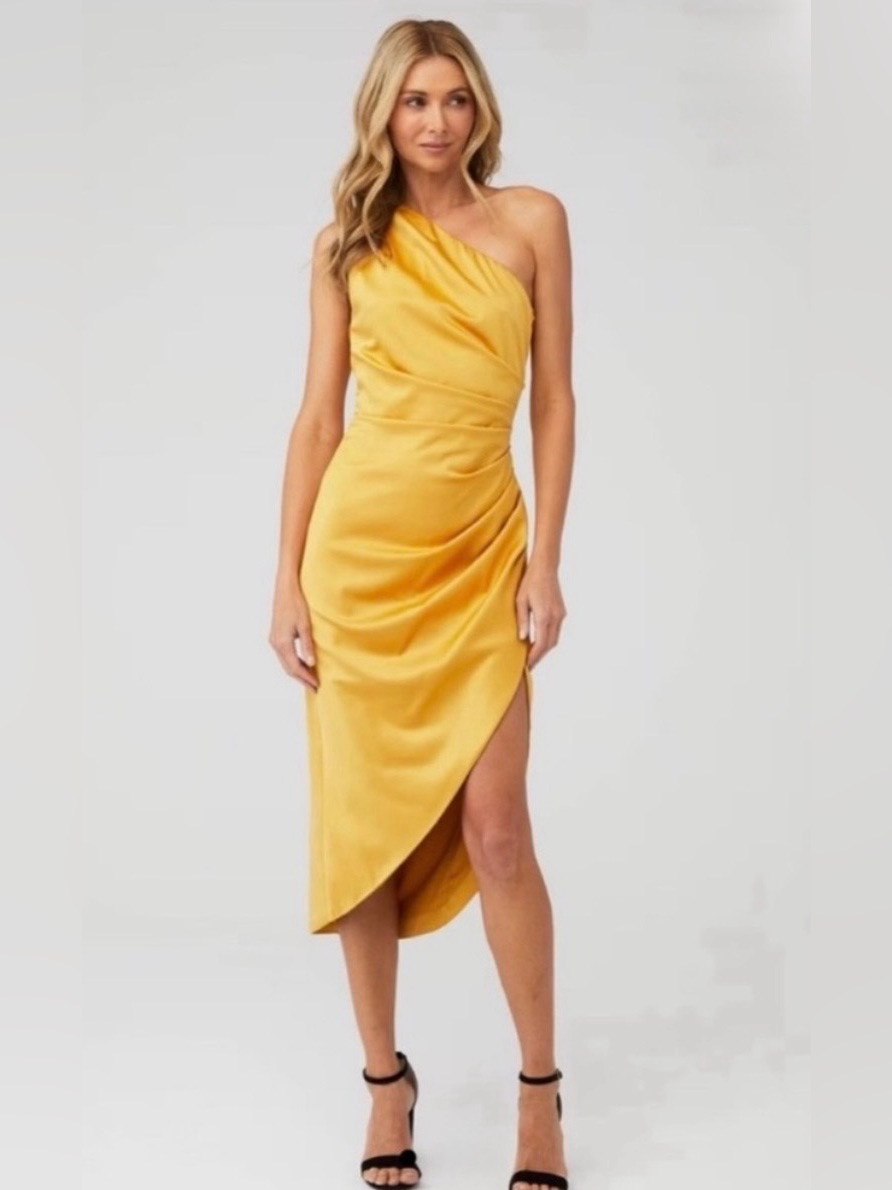Elliatt Cassini One Shoulder Ruched Midi Dress In Marigold Yellow Sz S Summer